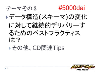 テーマその３     #5000dai
 データ構造(スキーマ)の変化
  に対して継続的デリバリーす
  るためのベストプラクティス
  は？
  その他、CD関連Tips



21
 