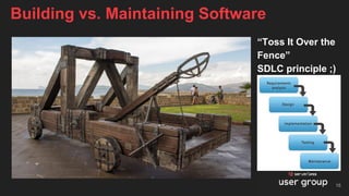 “Toss It Over the
Fence”
SDLC principle ;)
Building vs. Maintaining Software
16
 