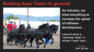 As industry, we
tried everything to
increase the speed
of software
development…
Latest of which is
“sprinting” faster, in
shorter 1-week “laps”…
Building Apps Faster (in general)
25
 