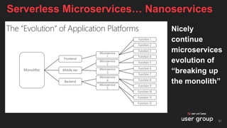Nicely
continue
microservices
evolution of
“breaking up
the monolith”
Serverless Microservices… Nanoservices
31
 