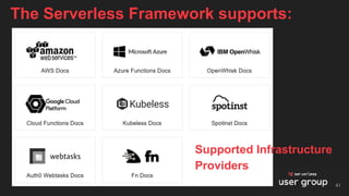 The Serverless Framework supports:
Supported Infrastructure
Providers
41
 