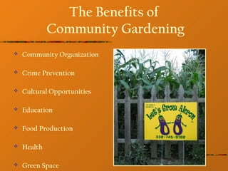 The Benefits of
             Community Gardening
   Community Organization

   Crime Prevention

   Cultural Opportunities

   Education

   Food Production

   Health

   Green Space
 