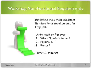 3Intention of this meetingSharing knowledge about Non-functional requirementsDetermine if Non-functional requirements need more attentionNon-Functional Requirements24/06/2009