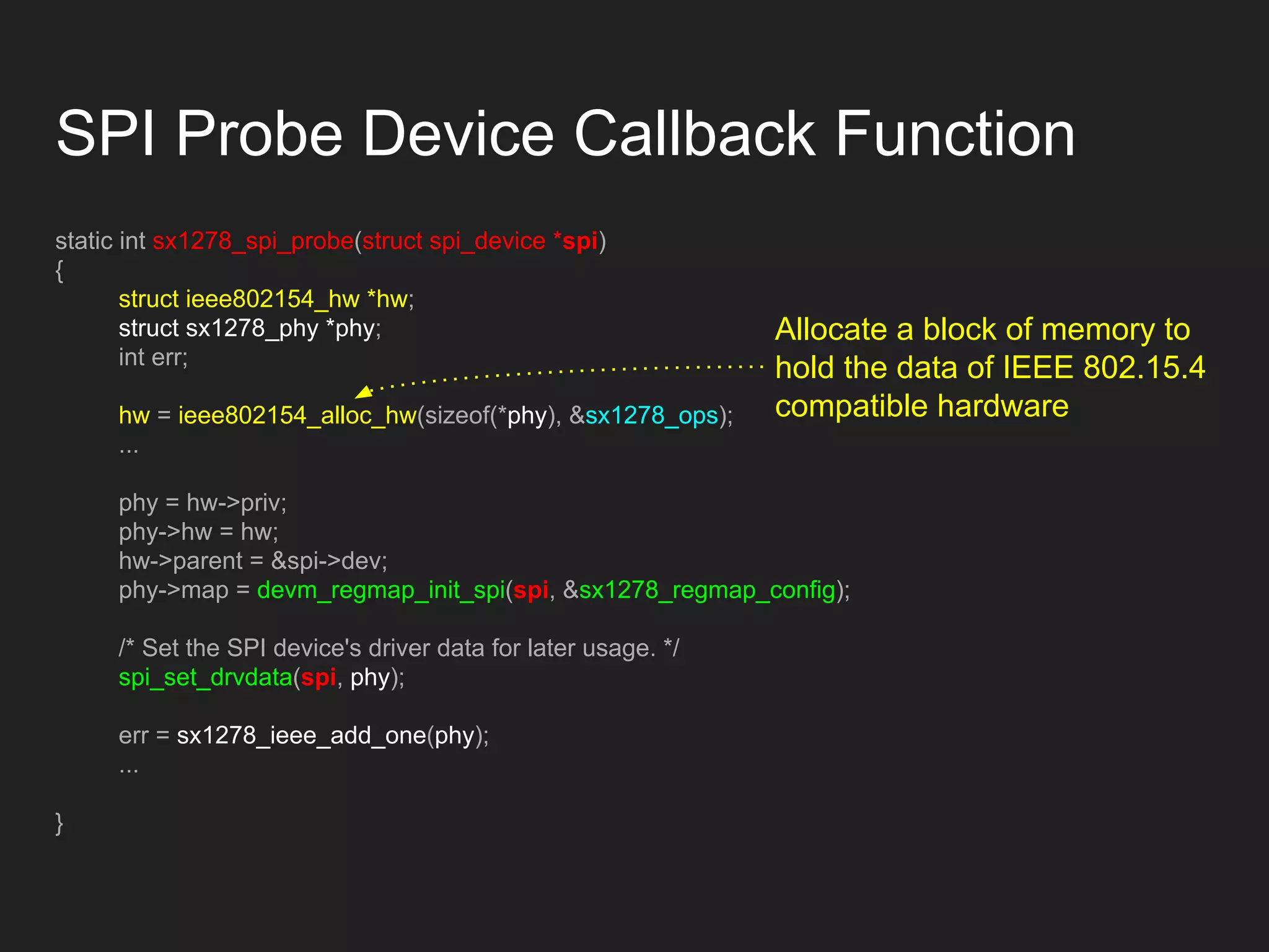 SPI Probe Device Callback Function
static int sx1278_spi_probe(struct spi_device *spi)
{
struct ieee802154_hw *hw;
struct sx1278_phy *phy;
int err;
hw = ieee802154_alloc_hw(sizeof(*phy), &sx1278_ops);
...
phy = hw->priv;
phy->hw = hw;
hw->parent = &spi->dev;
phy->map = devm_regmap_init_spi(spi, &sx1278_regmap_config);
/* Set the SPI device's driver data for later usage. */
spi_set_drvdata(spi, phy);
err = sx1278_ieee_add_one(phy);
...
}
Allocate a block of memory to
hold the data of IEEE 802.15.4
compatible hardware
 
