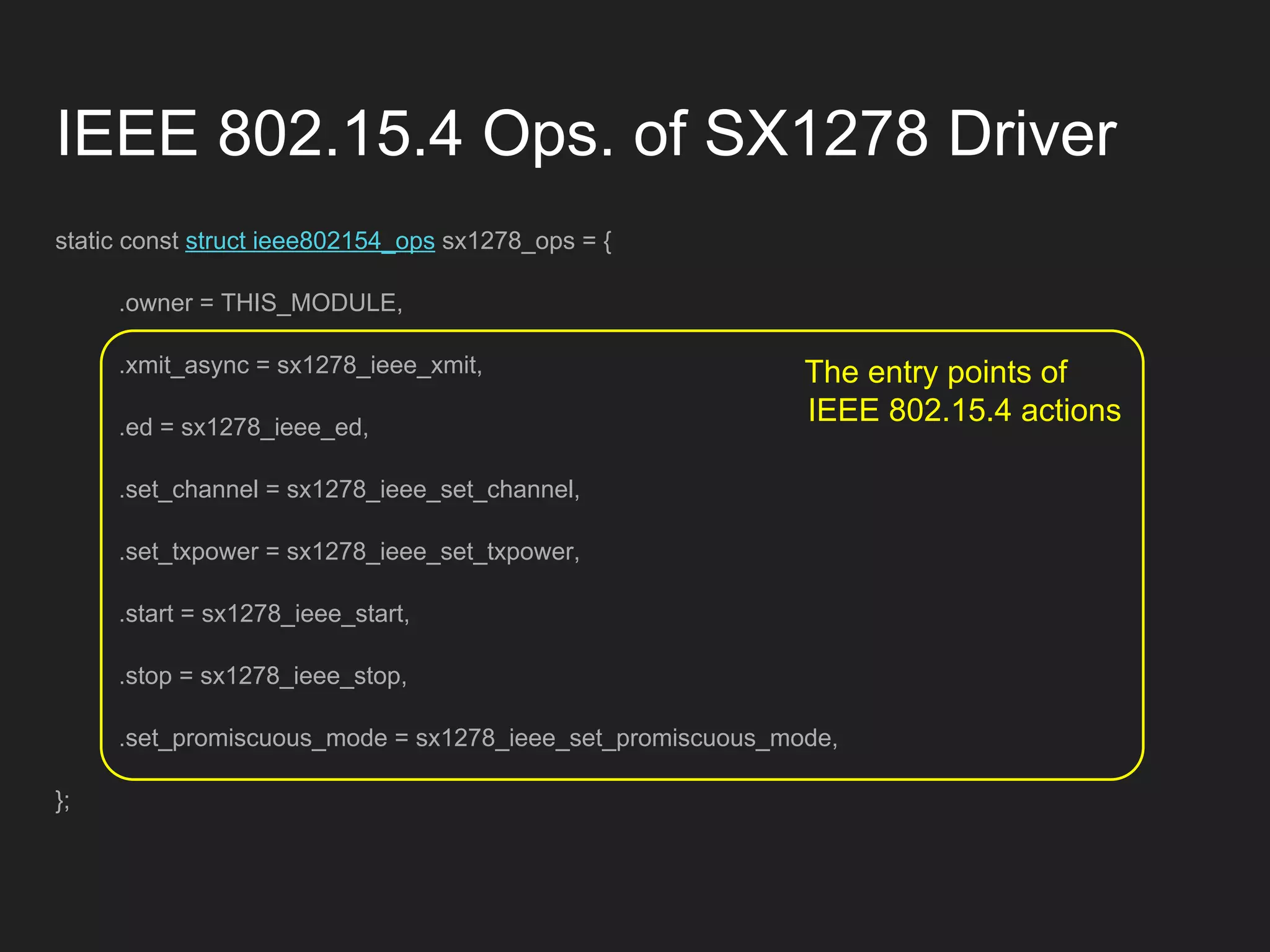 static const struct ieee802154_ops sx1278_ops = {
.owner = THIS_MODULE,
.xmit_async = sx1278_ieee_xmit,
.ed = sx1278_ieee_ed,
.set_channel = sx1278_ieee_set_channel,
.set_txpower = sx1278_ieee_set_txpower,
.start = sx1278_ieee_start,
.stop = sx1278_ieee_stop,
.set_promiscuous_mode = sx1278_ieee_set_promiscuous_mode,
};
The entry points of
IEEE 802.15.4 actions
IEEE 802.15.4 Ops. of SX1278 Driver
 