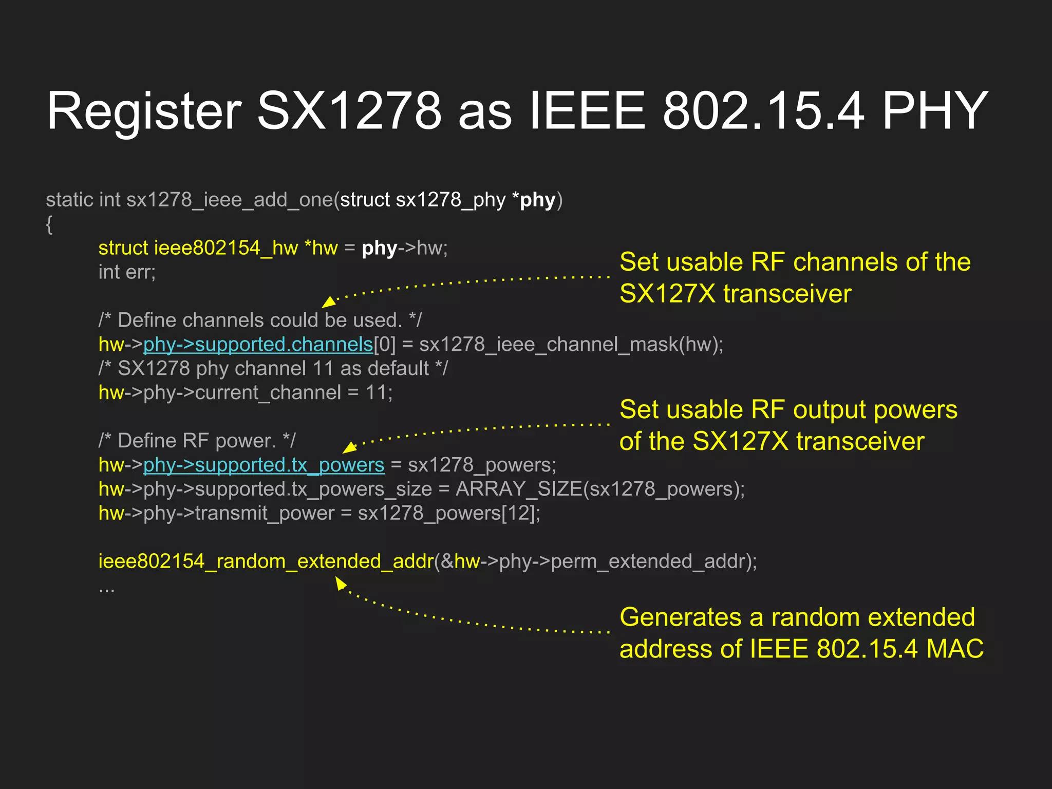 Register SX1278 as IEEE 802.15.4 PHY
static int sx1278_ieee_add_one(struct sx1278_phy *phy)
{
struct ieee802154_hw *hw = phy->hw;
int err;
/* Define channels could be used. */
hw->phy->supported.channels[0] = sx1278_ieee_channel_mask(hw);
/* SX1278 phy channel 11 as default */
hw->phy->current_channel = 11;
/* Define RF power. */
hw->phy->supported.tx_powers = sx1278_powers;
hw->phy->supported.tx_powers_size = ARRAY_SIZE(sx1278_powers);
hw->phy->transmit_power = sx1278_powers[12];
ieee802154_random_extended_addr(&hw->phy->perm_extended_addr);
...
Set usable RF channels of the
SX127X transceiver
Set usable RF output powers
of the SX127X transceiver
Generates a random extended
address of IEEE 802.15.4 MAC
 