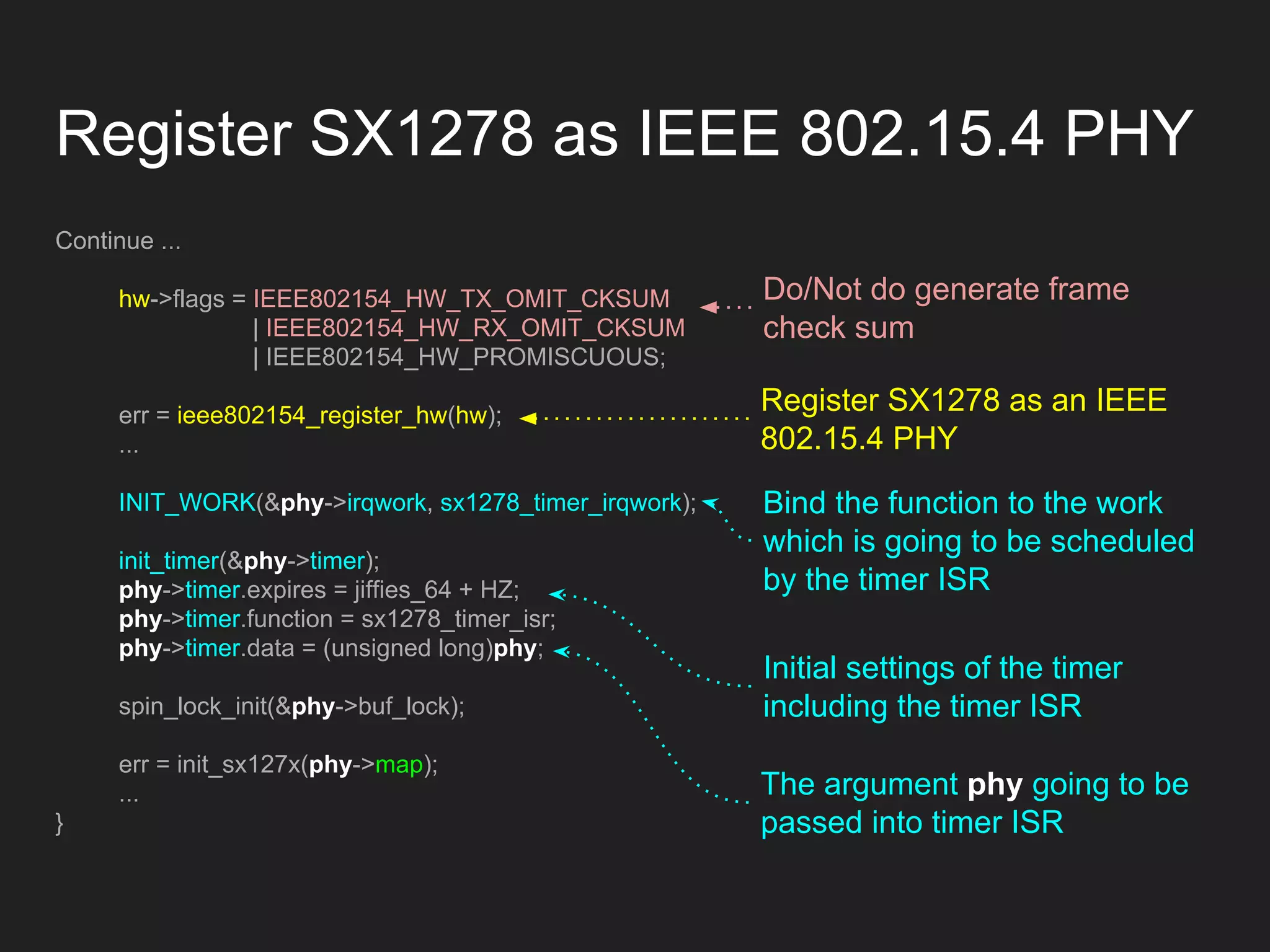 Register SX1278 as IEEE 802.15.4 PHY
Continue ...
hw->flags = IEEE802154_HW_TX_OMIT_CKSUM
| IEEE802154_HW_RX_OMIT_CKSUM
| IEEE802154_HW_PROMISCUOUS;
err = ieee802154_register_hw(hw);
...
INIT_WORK(&phy->irqwork, sx1278_timer_irqwork);
init_timer(&phy->timer);
phy->timer.expires = jiffies_64 + HZ;
phy->timer.function = sx1278_timer_isr;
phy->timer.data = (unsigned long)phy;
spin_lock_init(&phy->buf_lock);
err = init_sx127x(phy->map);
...
}
Do/Not do generate frame
check sum
Register SX1278 as an IEEE
802.15.4 PHY
Bind the function to the work
which is going to be scheduled
by the timer ISR
Initial settings of the timer
including the timer ISR
The argument phy going to be
passed into timer ISR
 