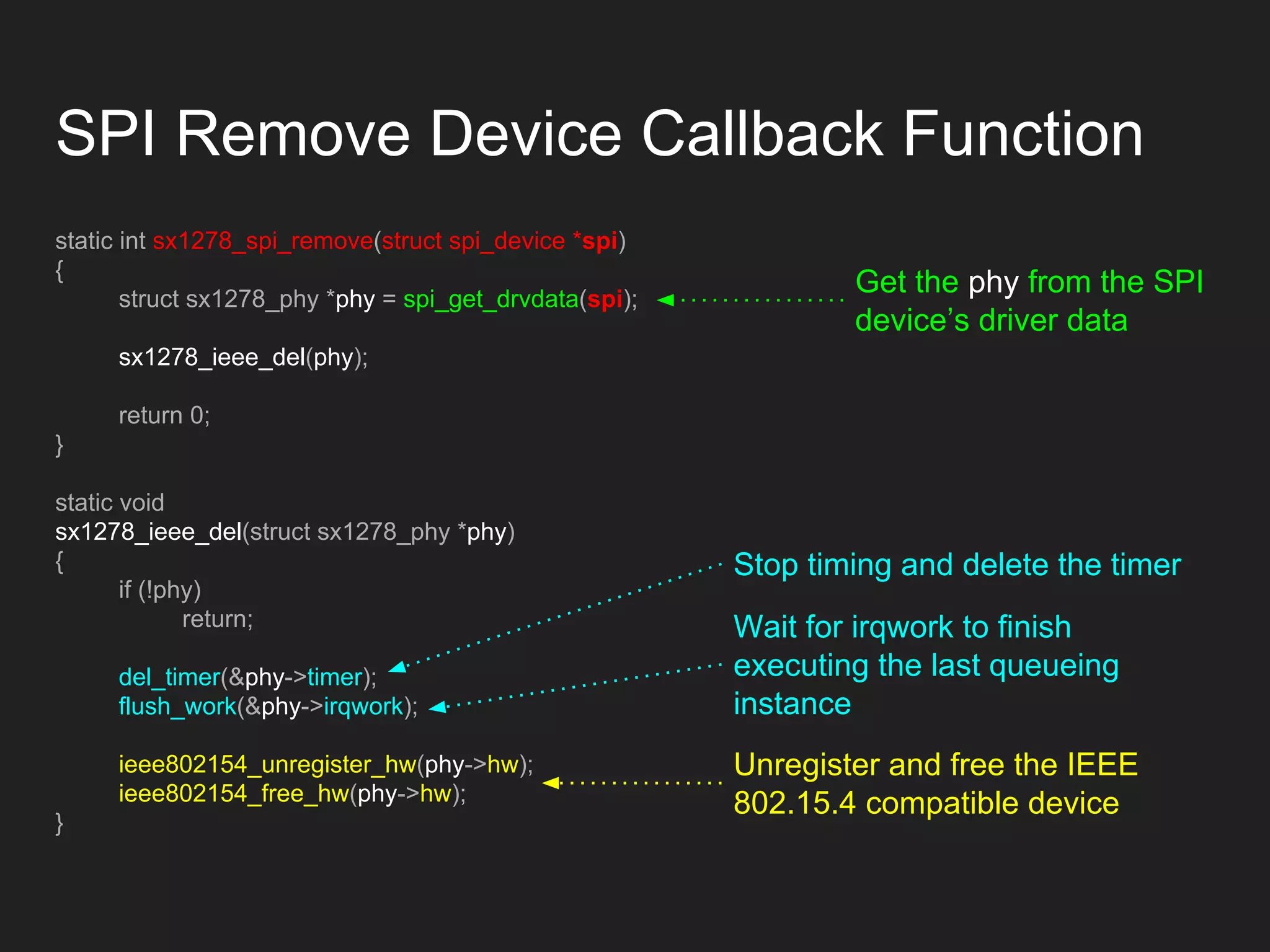 SPI Remove Device Callback Function
static int sx1278_spi_remove(struct spi_device *spi)
{
struct sx1278_phy *phy = spi_get_drvdata(spi);
sx1278_ieee_del(phy);
return 0;
}
static void
sx1278_ieee_del(struct sx1278_phy *phy)
{
if (!phy)
return;
del_timer(&phy->timer);
flush_work(&phy->irqwork);
ieee802154_unregister_hw(phy->hw);
ieee802154_free_hw(phy->hw);
}
Get the phy from the SPI
device’s driver data
Stop timing and delete the timer
Wait for irqwork to finish
executing the last queueing
instance
Unregister and free the IEEE
802.15.4 compatible device
 
