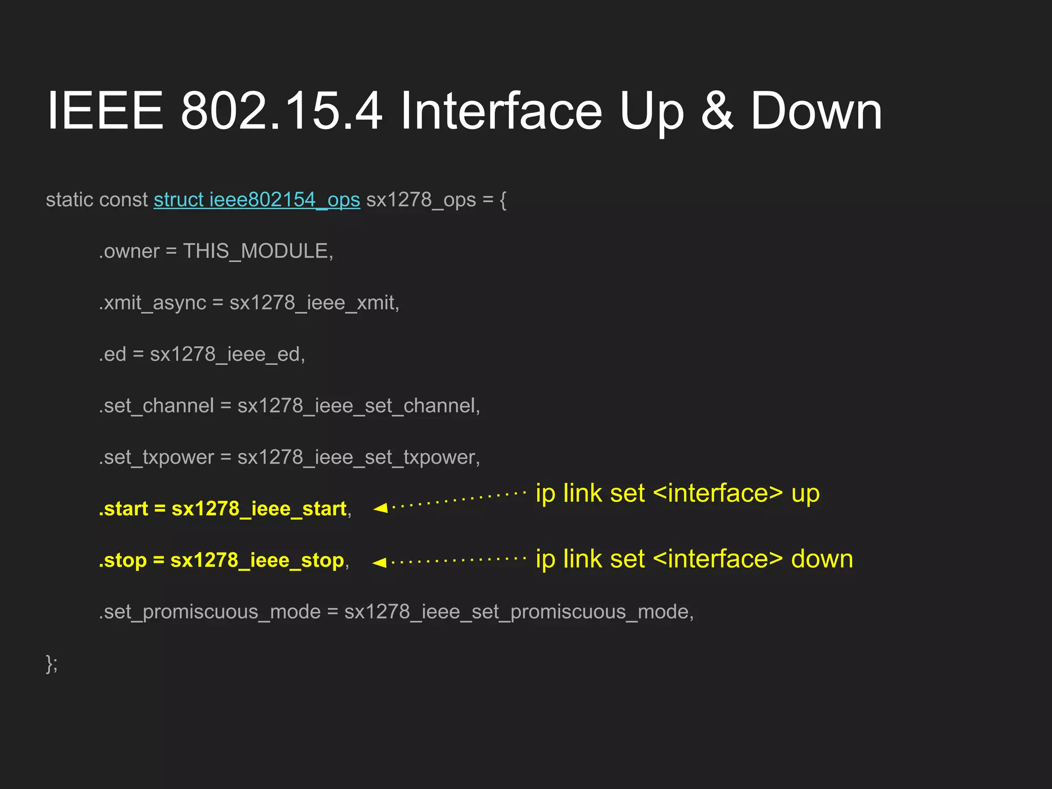 IEEE 802.15.4 Interface Up & Down
static const struct ieee802154_ops sx1278_ops = {
.owner = THIS_MODULE,
.xmit_async = sx1278_ieee_xmit,
.ed = sx1278_ieee_ed,
.set_channel = sx1278_ieee_set_channel,
.set_txpower = sx1278_ieee_set_txpower,
.start = sx1278_ieee_start,
.stop = sx1278_ieee_stop,
.set_promiscuous_mode = sx1278_ieee_set_promiscuous_mode,
};
ip link set <interface> up
ip link set <interface> down
 
