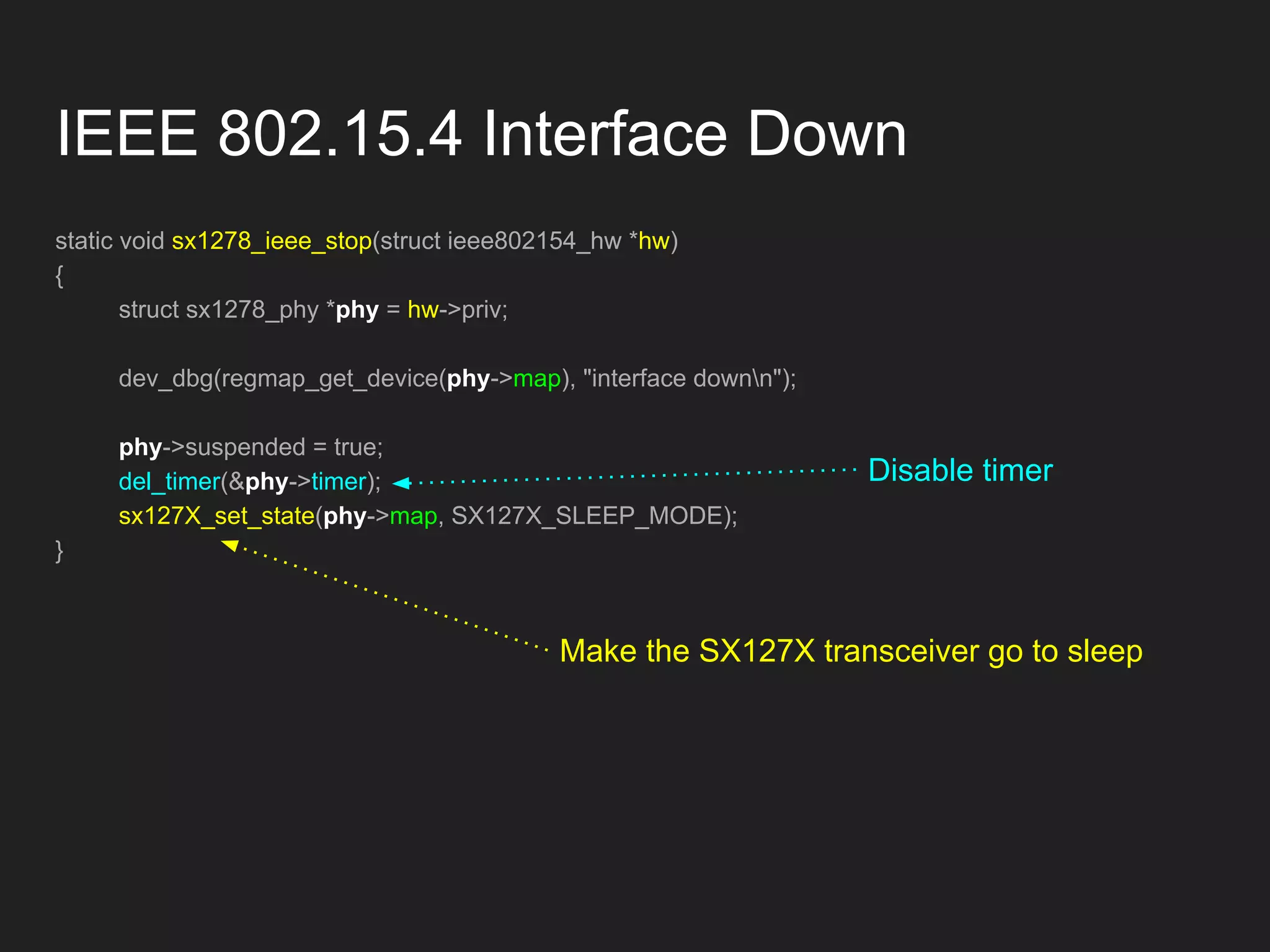 IEEE 802.15.4 Interface Down
static void sx1278_ieee_stop(struct ieee802154_hw *hw)
{
struct sx1278_phy *phy = hw->priv;
dev_dbg(regmap_get_device(phy->map), "interface downn");
phy->suspended = true;
del_timer(&phy->timer);
sx127X_set_state(phy->map, SX127X_SLEEP_MODE);
}
Disable timer
Make the SX127X transceiver go to sleep
 