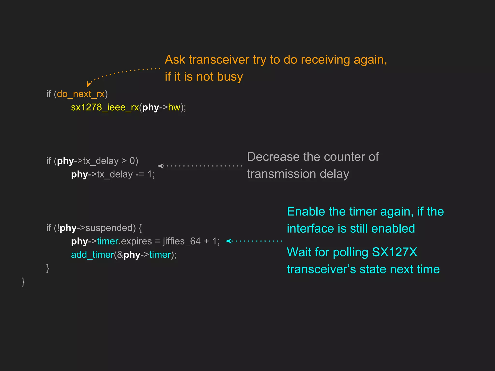 if (do_next_rx)
sx1278_ieee_rx(phy->hw);
if (phy->tx_delay > 0)
phy->tx_delay -= 1;
if (!phy->suspended) {
phy->timer.expires = jiffies_64 + 1;
add_timer(&phy->timer);
}
}
Ask transceiver try to do receiving again,
if it is not busy
Enable the timer again, if the
interface is still enabled
Wait for polling SX127X
transceiver’s state next time
Decrease the counter of
transmission delay
 