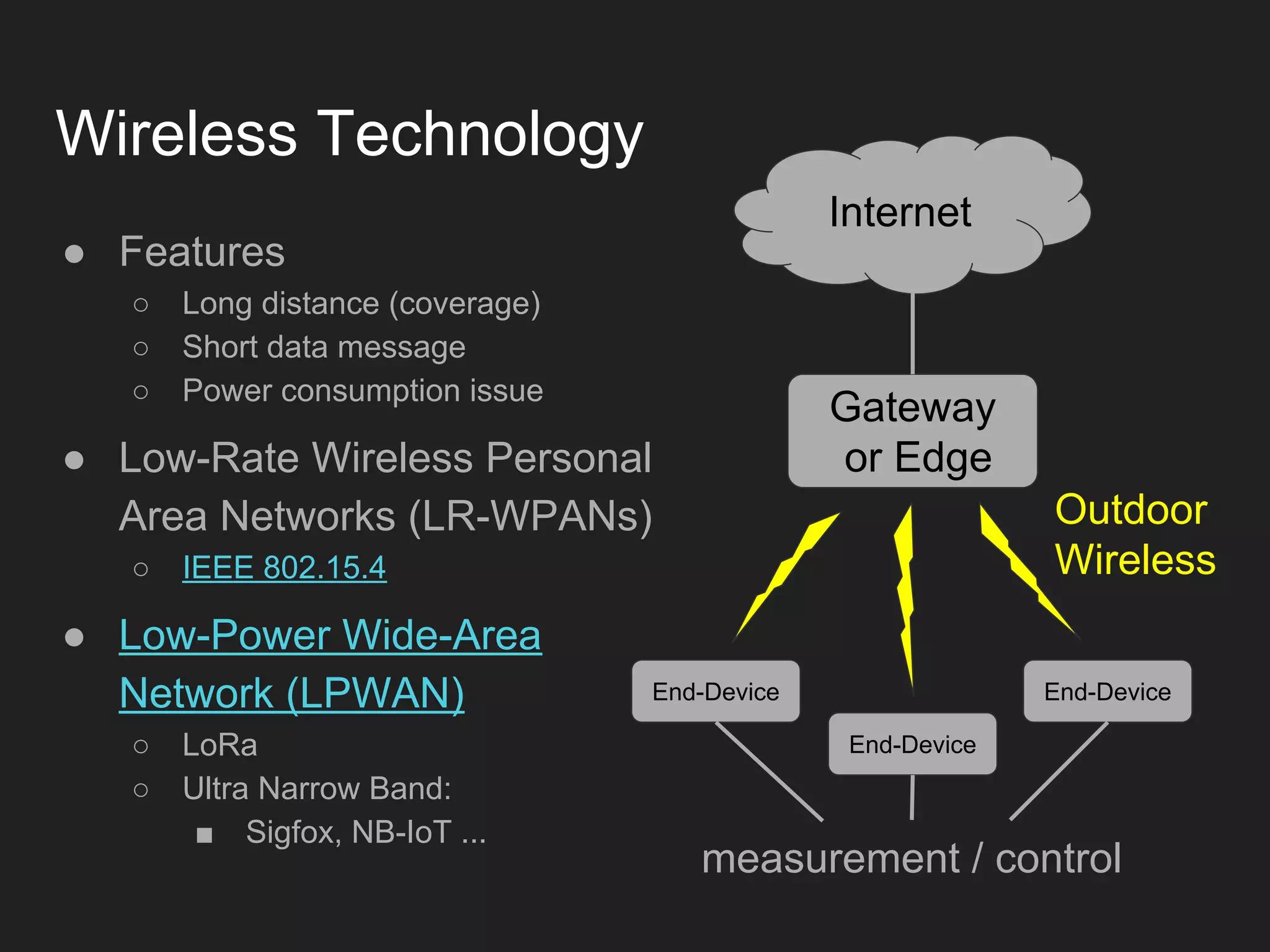 Wireless Technology
● Features
○ Long distance (coverage)
○ Short data message
○ Power consumption issue
● Low-Rate Wireless Personal
Area Networks (LR-WPANs)
○ IEEE 802.15.4
● Low-Power Wide-Area
Network (LPWAN)
○ LoRa
○ Ultra Narrow Band:
■ Sigfox, NB-IoT ...
Gateway
or Edge
Internet
End-Device
End-Device
End-Device
Outdoor
Wireless
measurement / control
 