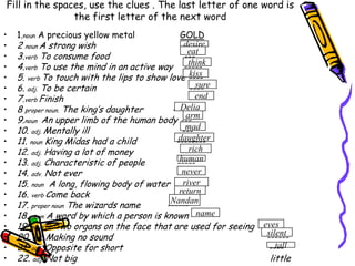 Fill in the spaces, use the clues . The last letter of one word is the first letter of the next word1.noun A precious yellow metal                 GOLD2 noun A strong wish                                  ------3.verb To consume food                            ---4.verb To use the mind in an active way    -----5. verb To touch with the lips to show love ----6. adj. To be certain                                   ----7.verb Finish                                               ---8 proper noun. The king’s daughter           ------9.noun  An upper limb of the human body ---10. adj. Mentally ill                                   ---11. noun King Midas had a child               --------12. adj. Having a lot of money                  ----13. adj. Characteristic of people            -----14. adv. Not ever                                    -----15. noun  A long, flowing body of water  -----16. verb Come back                                ------17. proper noun The wizards name          ------18. noun A word by which a person is known ----19. noun pl. Two organs on the face that are used for seeing  ----20. adj. Making no sound                                                          ------21. adj. Opposite for short                                                       ----22. adj. Not big                                                                         littledesireeatthinkkisssureendDeliaarmmaddaughterrichhumanneverriverreturnNandannameeyessilenttall