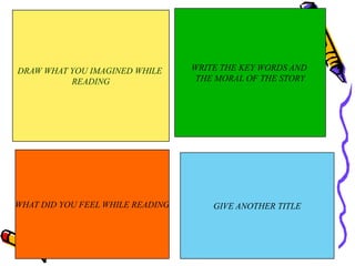 WRITE THE KEY WORDS AND THE MORAL OF THE STORYDRAW WHAT YOU IMAGINED WHILE READINGWHAT DID YOU FEEL WHILE READINGGIVE ANOTHER TITLE