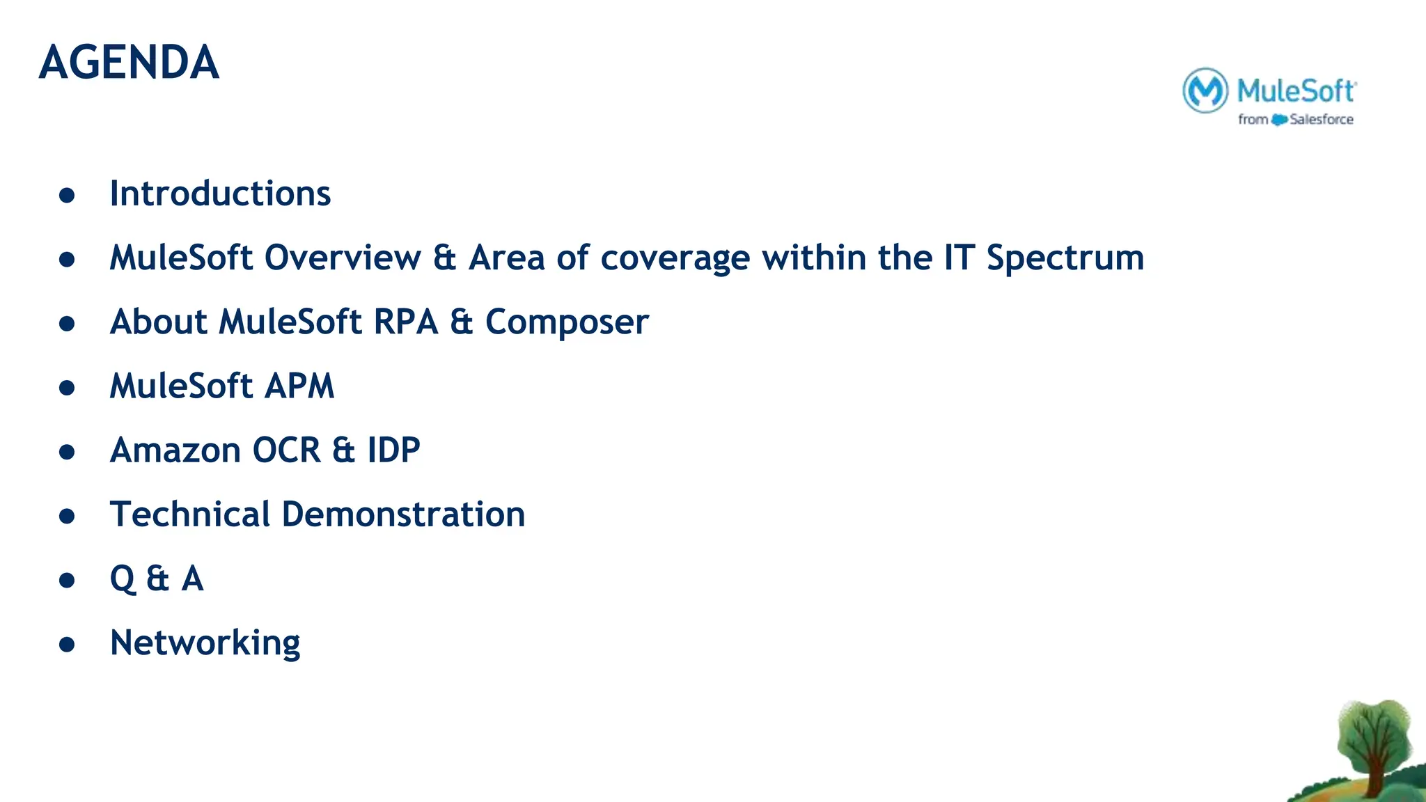 AGENDA
● Introductions
● MuleSoft Overview & Area of coverage within the IT Spectrum
● About MuleSoft RPA & Composer
● MuleSoft APM
● Amazon OCR & IDP
● Technical Demonstration
● Q & A
● Networking
 