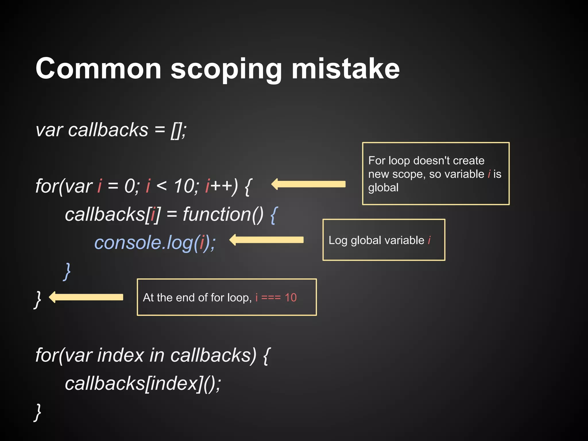 Common scoping mistake
var callbacks = [];
for(var i = 0; i < 10; i++) {
callbacks[i] = function() {
console.log(i);
}
At the end of for loop, i === 10
}
for(var index in callbacks) {
callbacks[index]();
}

For loop doesn't create
new scope, so variable i is
global

Log global variable i

 