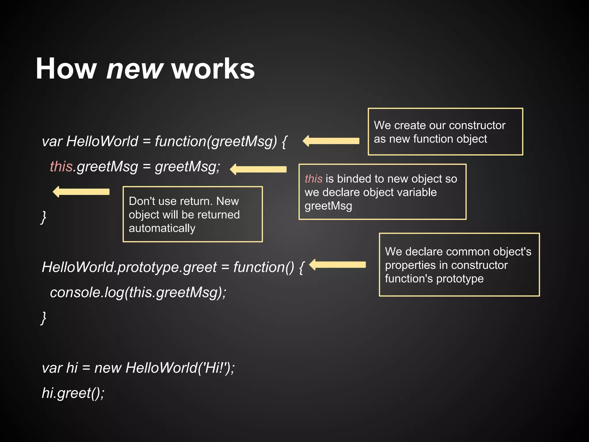 How new works
var HelloWorld = function(greetMsg) {
this.greetMsg = greetMsg;
Don't use return. New
object will be returned
automatically

}

HelloWorld.prototype.greet = function() {
console.log(this.greetMsg);
}
var hi = new HelloWorld('Hi!');
hi.greet();

We create our constructor
as new function object

this is binded to new object so
we declare object variable
greetMsg

We declare common object's
properties in constructor
function's prototype

 