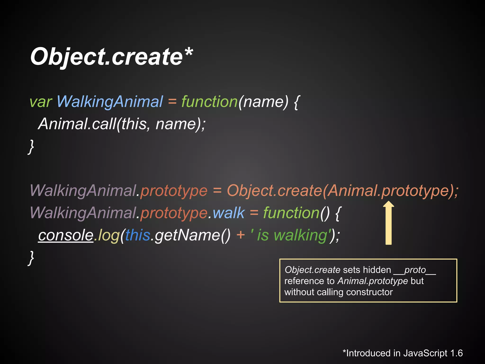 Object.create*
var WalkingAnimal = function(name) {
Animal.call(this, name);
}
WalkingAnimal.prototype = Object.create(Animal.prototype);
WalkingAnimal.prototype.walk = function() {
console.log(this.getName() + ' is walking');
}
Object.create sets hidden __proto__
reference to Animal.prototype but
without calling constructor

*Introduced in JavaScript 1.6

 