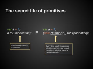 The secret life of primitives

var a = 1;
a.toExponential();

It is not really method
of primitive.

=

var a = 1;
(new Number(a)).toExponential();

Every time you trying access
primitive method, new object,
containing primitive value is
created secretly.

 