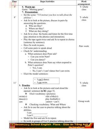 ========================================================================
Time Steps/Activities Work
arrangement
5’
8’
11’
6. Warm up:
Game: “Miming game”.
7. Presentation:
− Set the scene: “I’ll instruct you how to talk about the
abilities”.
− Ask Ss to look at the picture, discuss in pairs by
answering the questions.
d. Who are they?
e. Where are they?
f. What are they doing?
− Ask Ss to close the books and listen for the first time
(pay attention to the phonics and intonation).
− Play the tape again twice and ask Ss to repeat in chorus
(sentence by sentence).
− Have Ss work in pairs.
− Call some pairs to speak aloud
− Check Ss’ understanding.
a. What sentences does Peter ask?
− Can you swim Nam?
− Can you dance?
b. What sentences does Nam say when respond to
Peter’s question?
− Yes, I can.
− No, I can’t. I can’t dance but I can swim.
− Elicit the model sentences:
− I can’t dance.
− I can swim.
1. Practice
− Ask Ss to look at the pictures and read aloud the
opened- sentences in B2- page 31.
 Elicit vocabulary: (pictures)
swim(v): ride a bike(v):
dance(v): play football(v):
can: cannot = can’t:
 Checking vocabulary: What and Where
− Ask Ss to use the cues to practice talking about the
abilities.
I can _____________.
I can’t ____________.
− Model the first and ask Ss to repeat.
− Ss work in groups of 4 or 5, practice talking about the
abilities.
− Move around and give help if necessary.
T- whole
class
T- whole
class
Pair- work
T- whole
class
Group work
 