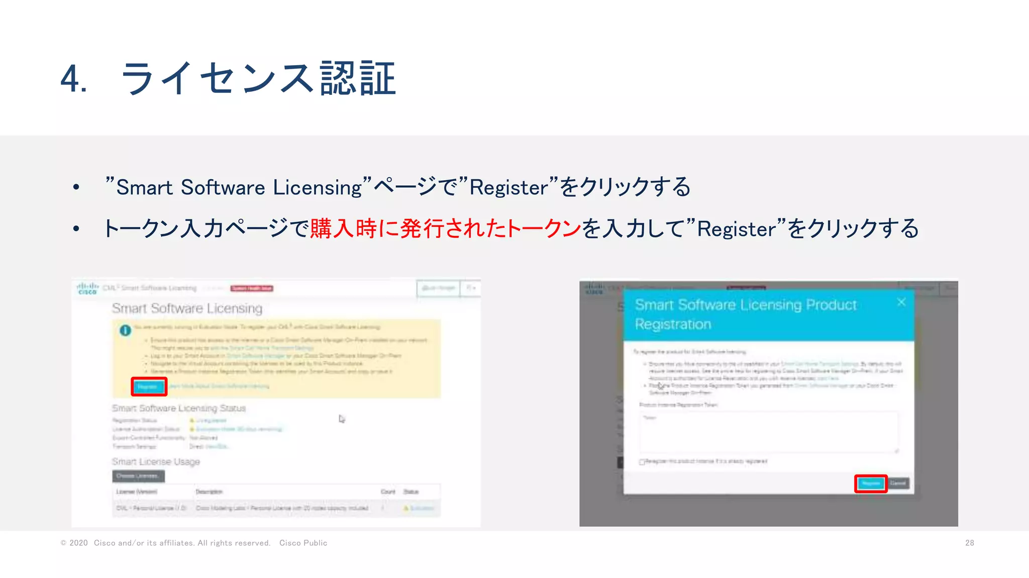 © 2020 Cisco and/or its affiliates. All rights reserved. Cisco Public 28
• ”Smart Software Licensing”ページで”Register”をクリックする
• トークン入力ページで購入時に発行されたトークンを入力して”Register”をクリックする
4. ライセンス認証
 
