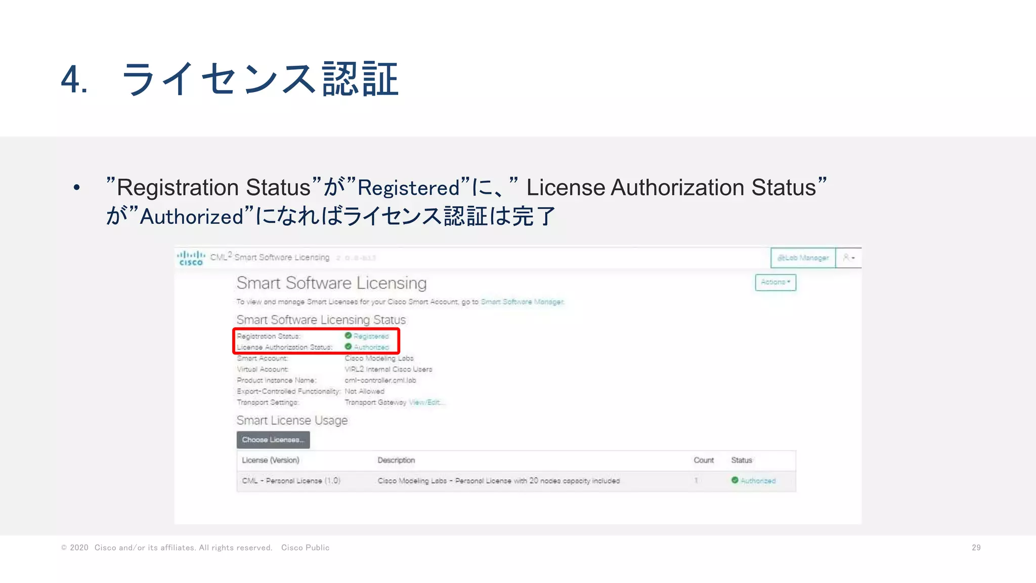 © 2020 Cisco and/or its affiliates. All rights reserved. Cisco Public 29
• ”Registration Status”が”Registered”に、” License Authorization Status”
が”Authorized”になればライセンス認証は完了
4. ライセンス認証
 