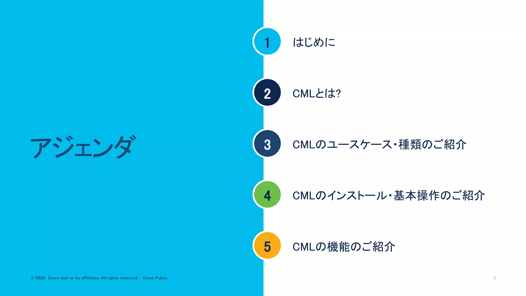© 2020 Cisco and/or its affiliates. All rights reserved. Cisco Public 3© 2020 Cisco and/or its affiliates. All rights reserved. Cisco Public
アジェンダ
1
2
3
4
5
はじめに
CMLとは?
CMLのインストール・基本操作のご紹介
CMLの機能のご紹介
CMLのユースケース・種類のご紹介
 