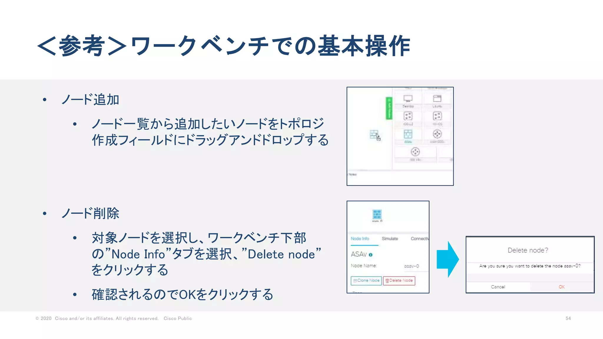 © 2020 Cisco and/or its affiliates. All rights reserved. Cisco Public 54
＜参考＞ワークベンチでの基本操作
• ノード追加
• ノード一覧から追加したいノードをトポロジ
作成フィールドにドラッグアンドドロップする
• ノード削除
• 対象ノードを選択し、ワークベンチ下部
の”Node Info”タブを選択、”Delete node”
をクリックする
• 確認されるのでOKをクリックする
 