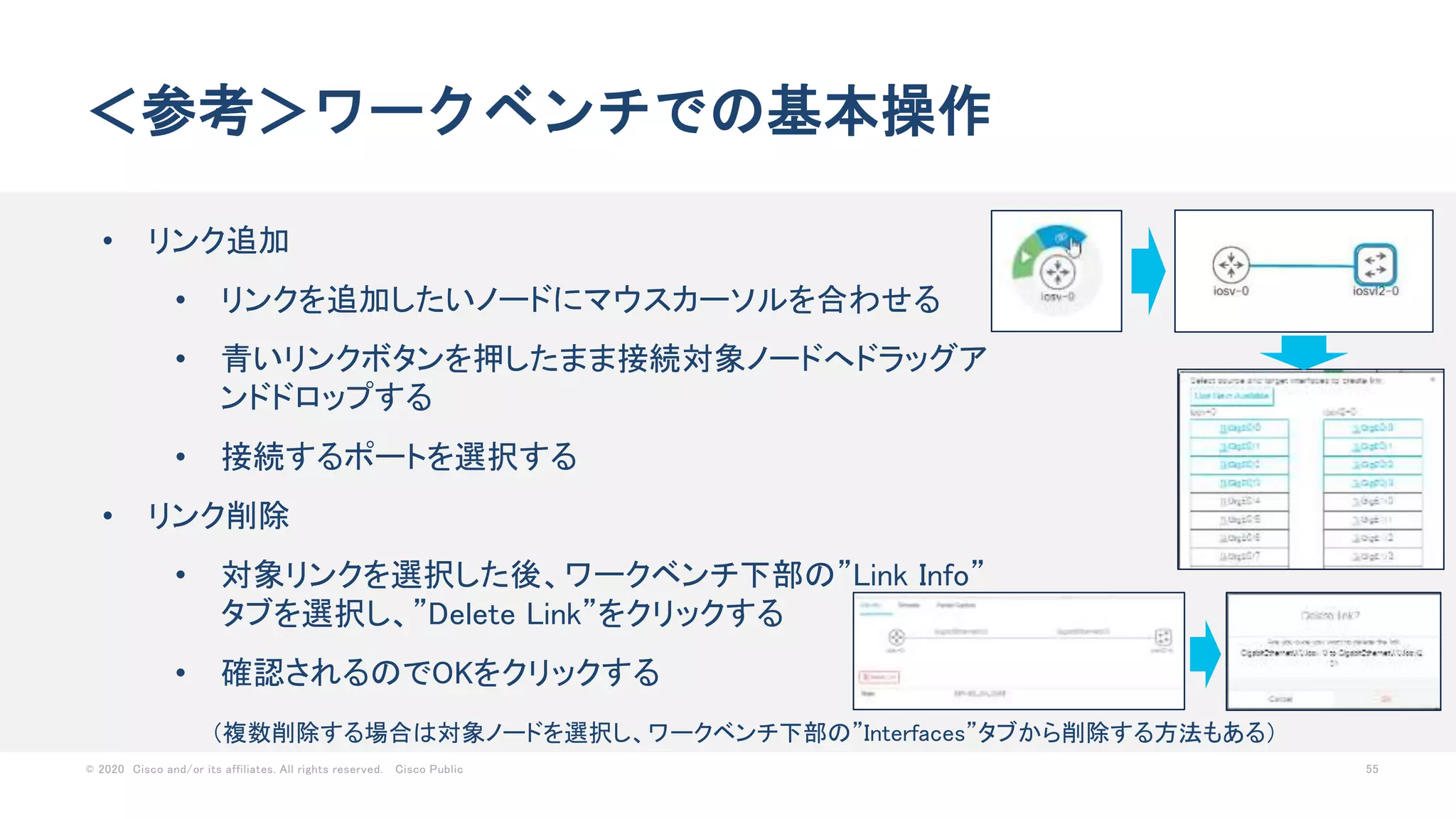 © 2020 Cisco and/or its affiliates. All rights reserved. Cisco Public 55
＜参考＞ワークベンチでの基本操作
• リンク追加
• リンクを追加したいノードにマウスカーソルを合わせる
• 青いリンクボタンを押したまま接続対象ノードへドラッグア
ンドドロップする
• 接続するポートを選択する
• リンク削除
• 対象リンクを選択した後、ワークベンチ下部の”Link Info”
タブを選択し、”Delete Link”をクリックする
• 確認されるのでOKをクリックする
（複数削除する場合は対象ノードを選択し、ワークベンチ下部の”Interfaces”タブから削除する方法もある）
 