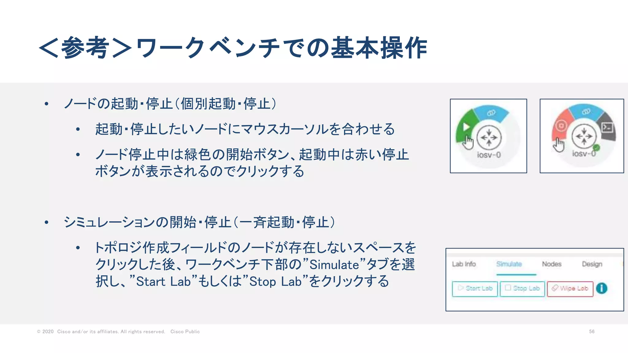 © 2020 Cisco and/or its affiliates. All rights reserved. Cisco Public 56
＜参考＞ワークベンチでの基本操作
• ノードの起動・停止（個別起動・停止）
• 起動・停止したいノードにマウスカーソルを合わせる
• ノード停止中は緑色の開始ボタン、起動中は赤い停止
ボタンが表示されるのでクリックする
• シミュレーションの開始・停止（一斉起動・停止）
• トポロジ作成フィールドのノードが存在しないスペースを
クリックした後、ワークベンチ下部の”Simulate”タブを選
択し、”Start Lab”もしくは”Stop Lab”をクリックする
 