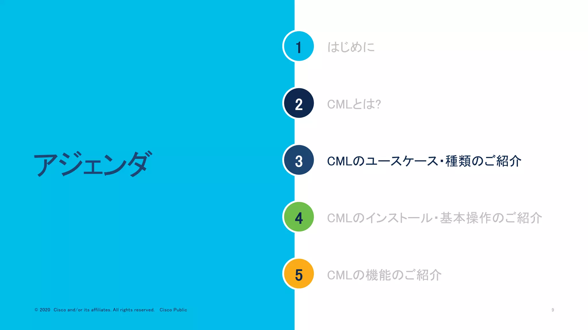 © 2020 Cisco and/or its affiliates. All rights reserved. Cisco Public 9© 2020 Cisco and/or its affiliates. All rights reserved. Cisco Public
アジェンダ
1
2
3
4
5
はじめに
CMLとは?
CMLのインストール・基本操作のご紹介
CMLの機能のご紹介
CMLのユースケース・種類のご紹介
 