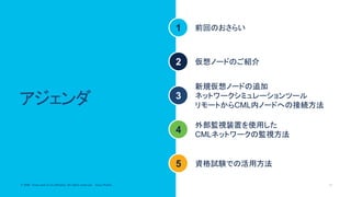 © 2020 Cisco and/or its affiliates. All rights reserved. Cisco Public 52© 2020 Cisco and/or its affiliates. All rights reserved. Cisco Public
アジェンダ
1
2
3
4
5
前回のおさらい
仮想ノードのご紹介
新規仮想ノードの追加
ネットワークシミュレーションツール
リモートからCML内ノードへの接続方法
資格試験での活用方法
外部監視装置を使用した
CMLネットワークの監視方法
 