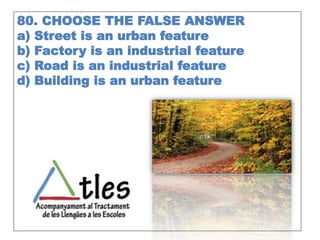 80. CHOOSE THE FALSE ANSWER
a) Street is an urban feature
b) Factory is an industrial feature
c) Road is an industrial feature
d) Building is an urban feature
 