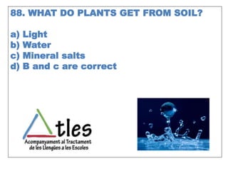 88. WHAT DO PLANTS GET FROM SOIL?
a) Light
b) Water
c) Mineral salts
d) B and c are correct
 