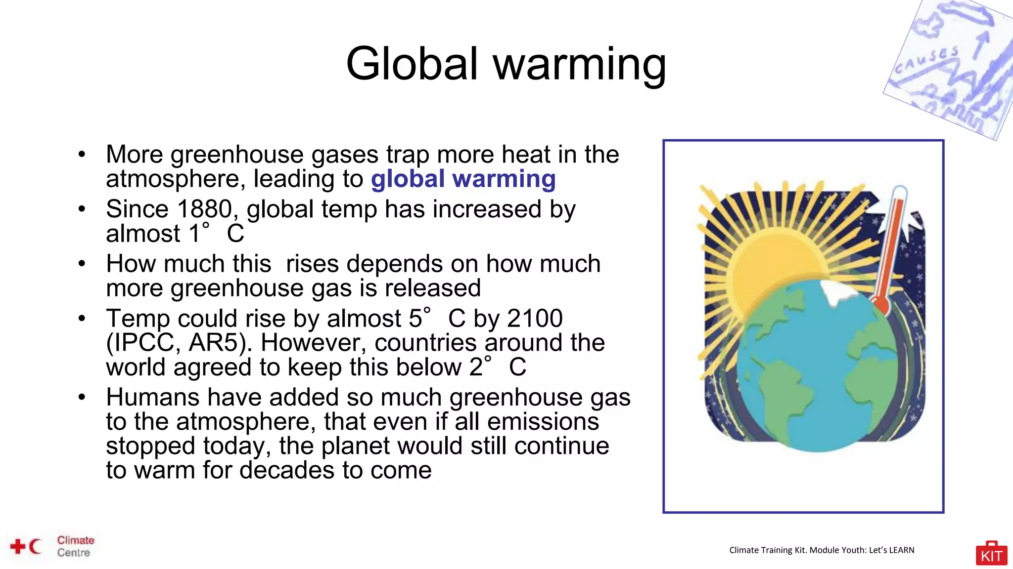 Climate Training Kit. Module Youth: Let’s LEARN
Global warming
• More greenhouse gases trap more heat in the
atmosphere, leading to global warming
• Since 1880, global temp has increased by
almost 1°C
• How much this rises depends on how much
more greenhouse gas is released
• Temp could rise by almost 5°C by 2100
(IPCC, AR5). However, countries around the
world agreed to keep this below 2°C
• Humans have added so much greenhouse gas
to the atmosphere, that even if all emissions
stopped today, the planet would still continue
to warm for decades to come
 