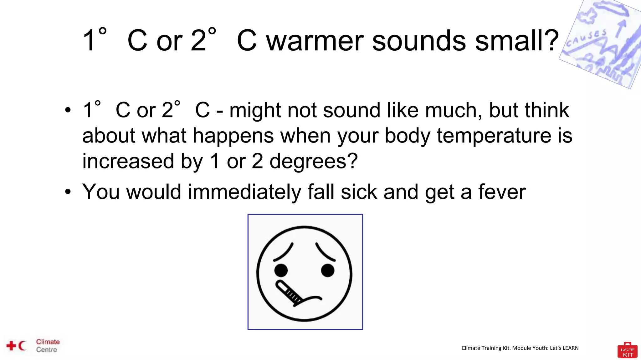 Climate Training Kit. Module Youth: Let’s LEARN
1°C or 2°C warmer sounds small?
• 1°C or 2°C - might not sound like much, but think
about what happens when your body temperature is
increased by 1 or 2 degrees?
• You would immediately fall sick and get a fever
 