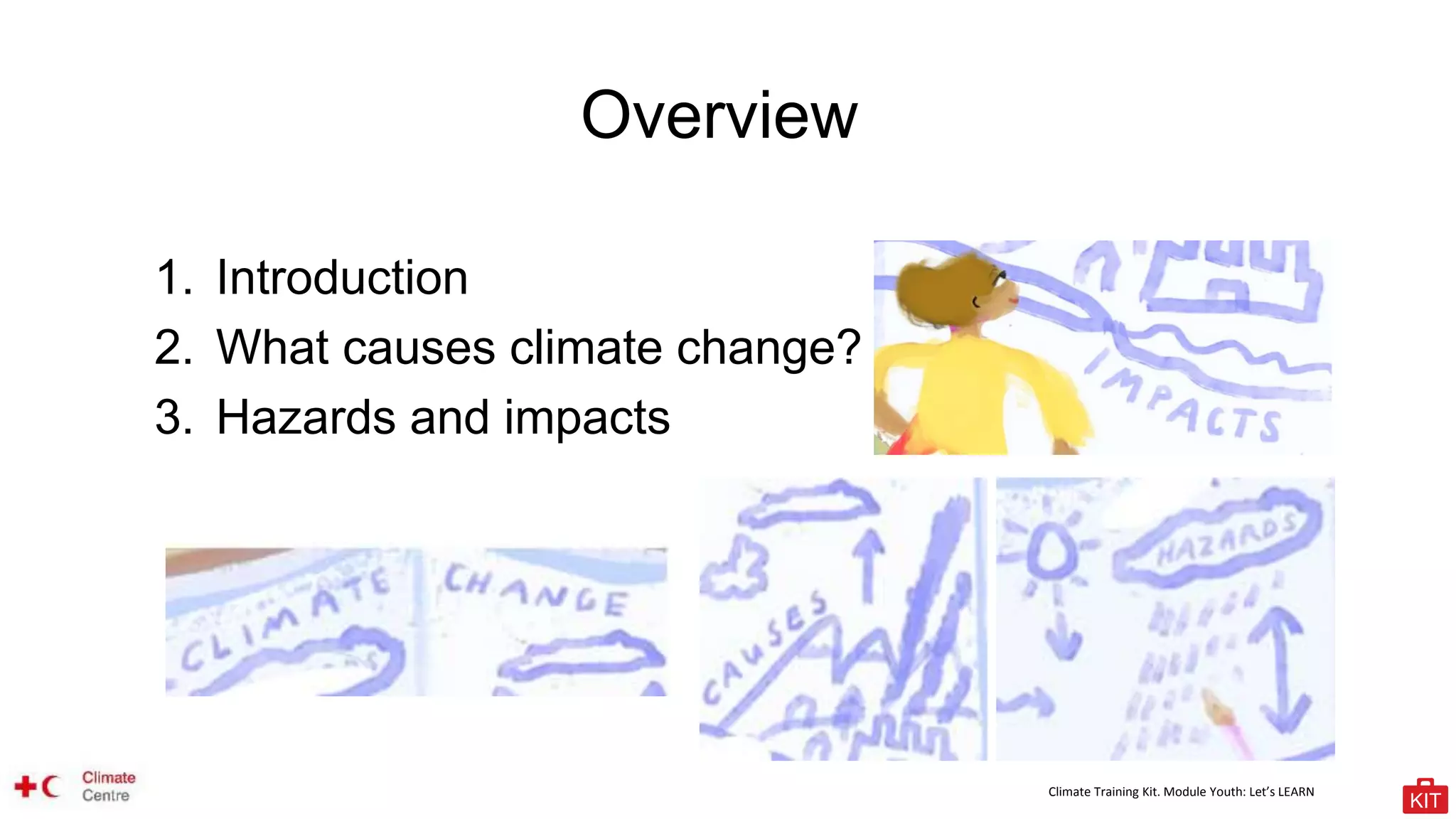 Climate Training Kit. Module Youth: Let’s LEARN
1. Introduction
2. What causes climate change?
3. Hazards and impacts
Overview
 