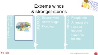 Climate Training Kit. Module Youth: Let’s LEARN
Extreme winds
& stronger storms
EXTREME
WINDS
&
STORMS
HAZARDS
Severe wind
Storm surge
Flooding
IMPACTS
People die
Animals die
Loss of
income
Financial
losses
 