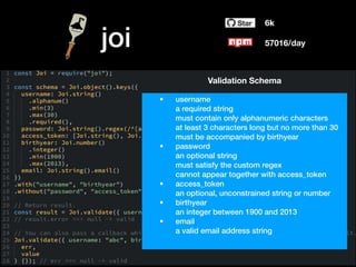 joi
6k
57016/day
• username
a required string
must contain only alphanumeric characters
at least 3 characters long but no more than 30
must be accompanied by birthyear
• password
an optional string
must satisfy the custom regex
cannot appear together with access_token
• access_token
an optional, unconstrained string or number
• birthyear
an integer between 1900 and 2013
• email
a valid email address string
Validation Schema
 