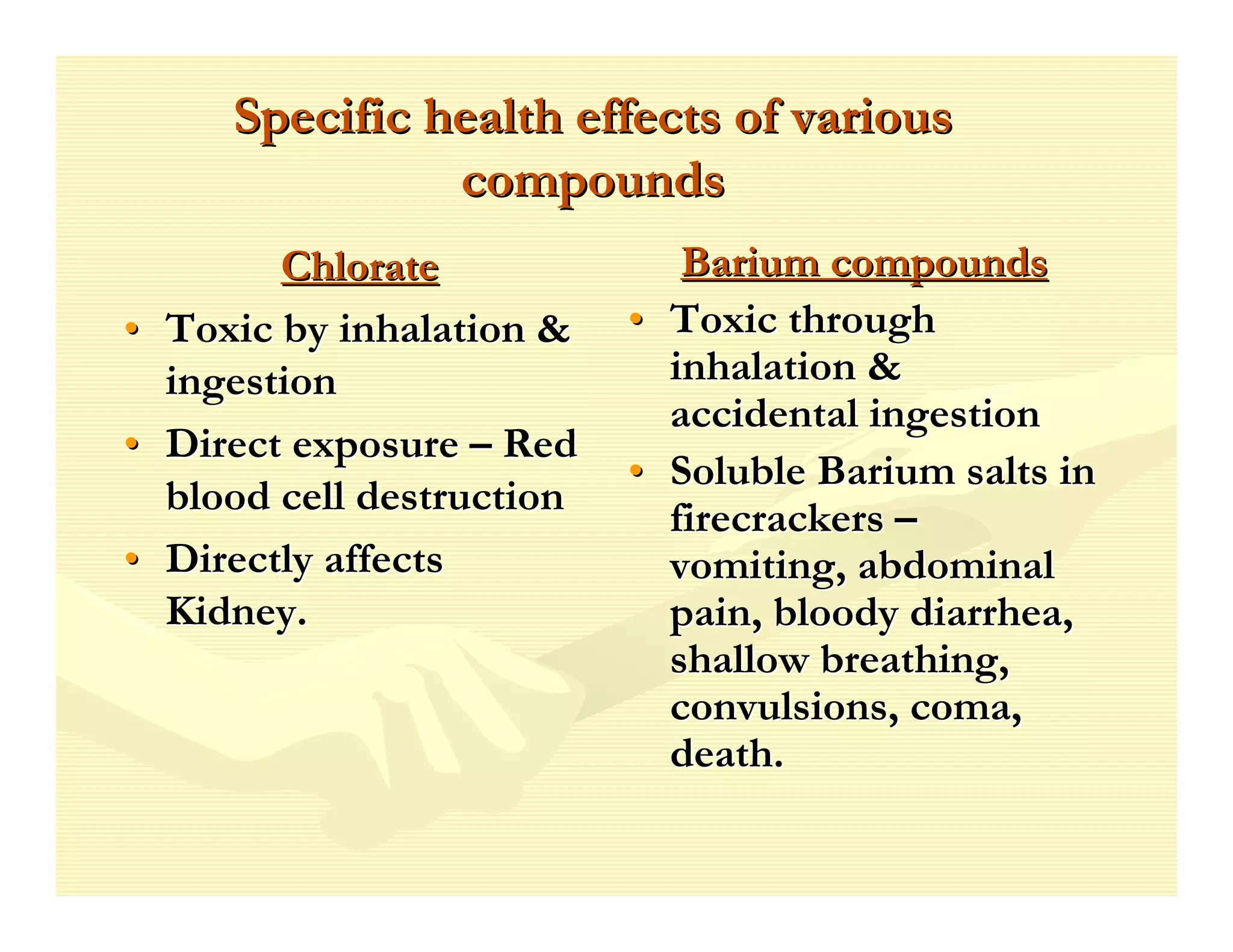 Specific health effects of various
                 compounds
          Chlorate              Barium compounds
•   Toxic by inhalation &    • Toxic through
    ingestion                  inhalation &
                               accidental ingestion
•   Direct exposure – Red
                             • Soluble Barium salts in
    blood cell destruction
                               firecrackers –
•   Directly affects           vomiting, abdominal
    Kidney.                    pain, bloody diarrhea,
                               shallow breathing,
                               convulsions, coma,
                               death.
 