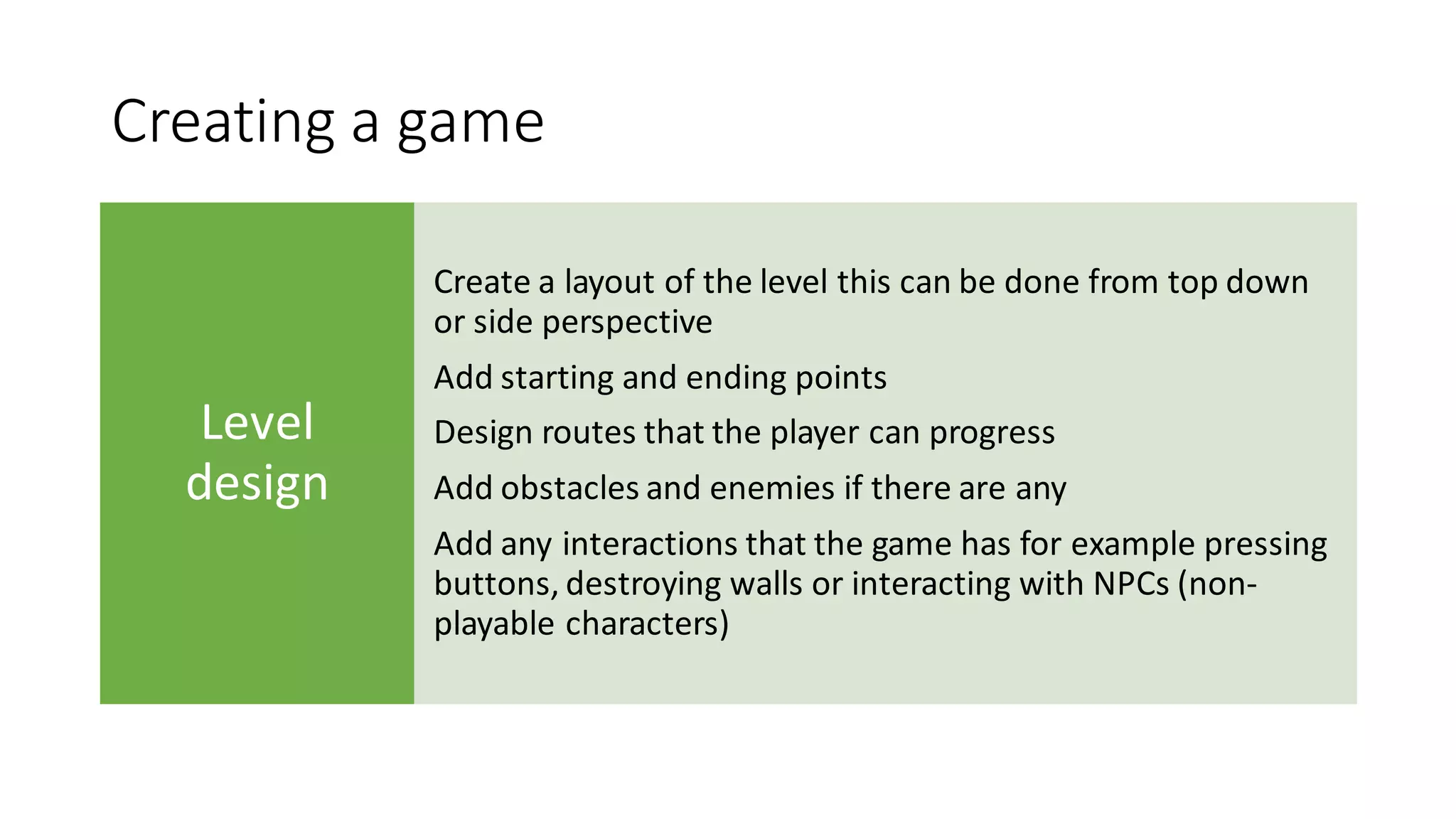 Creating a game
Level
design
Create a layout of the level this can be done from top down
or side perspective
Add starting and ending points
Design routes that the player can progress
Add obstacles and enemies if there are any
Add any interactions that the game has for example pressing
buttons, destroying walls or interacting with NPCs (non-
playable characters)
 