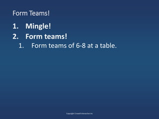 Form Teams!
1. Mingle!
2. Form teams!
1. Form teams of 6-8 at a table.
Copyright Crowell Interactive Inc
 
