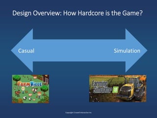 Design Overview: How Hardcore is the Game?
Casual
Copyright Crowell Interactive Inc
Simulation
 