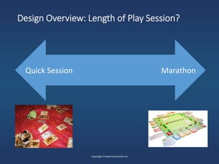 Design Overview: Length of Play Session?
Quick Session
Copyright Crowell Interactive Inc
Marathon
 