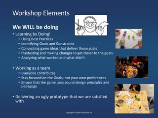 Workshop Elements
We WILL be doing
• Learning by Doing!
• Using Best Practices
• Identifying Goals and Constraints
• Concepting game ideas that deliver those goals
• Playtesting and making changes to get closer to the goals
• Analyzing what worked and what didn’t
• Working as a team
• Everyone contributes
• Stay focused on the Goals, not your own preferences
• Ensure that the game uses sound design principles and
pedagogy
• Delivering an ugly prototype that we are satisfied
with
Copyright Crowell Interactive Inc
 