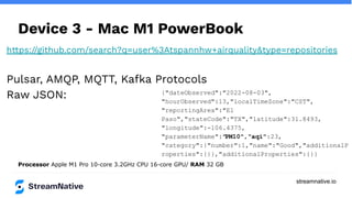 streamnative.io
Device 3 - Mac M1 PowerBook
https://github.com/search?q=user%3Atspannhw+airquality&type=repositories
Pulsar, AMQP, MQTT, Kafka Protocols
Raw JSON: {"dateObserved":"2022-08-03",
"hourObserved":13,"localTimeZone":"CST",
"reportingArea":"El
Paso","stateCode":"TX","latitude":31.8493,
"longitude":-106.4375,
"parameterName":"PM10","aqi":23,
"category":{"number":1,"name":"Good","additionalP
roperties":{}},"additionalProperties":{}}
Processor Apple M1 Pro 10-core 3.2GHz CPU 16-core GPU/ RAM 32 GB
 