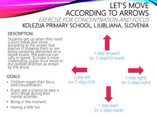 LET‘S MOVE
ACCORDING TO ARROWS
EXERCISE FOR CONCENTRATION AND FOCUS
KOLEZIJA PRIMARY SCHOOL, LJUBLJANA, SLOVENIA
DESCRIPTION:
Students get up when they need
a short break and move
according to the arrows that
teacher is showing them or are
being randomly presented on a
digital board. The exercise can
vary in speed. To make it more
challenging, pupils must move to
the oposite direction as shown
by the arrow.
1 step forward
(or 2 steps forward)
1 step left
(or 2 steps left)
1 step right)
(or 2 steps right)
1 step back
(or 2 steps back)
GOALS:
• Children regain their focus
and concentration
• Pupils get a chance to take a
short break during their
mental activities
• Being in the moment
• Having a little fun
 