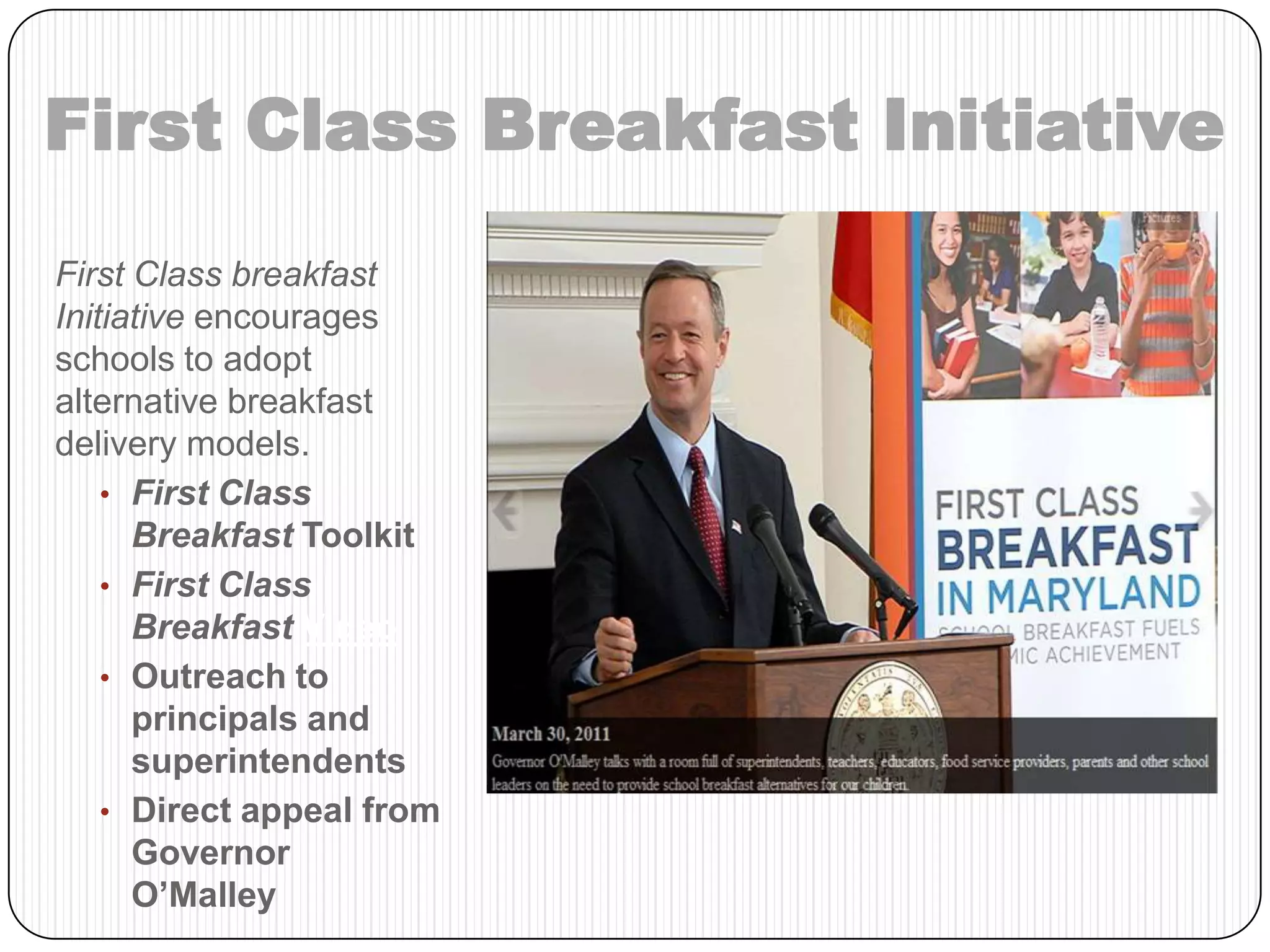 Accountable for progress against goals in 6 nutrition programs + EITC  