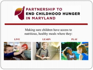 Making sure children have access to nutritious, healthy meals where they: LEARN PLAY LIVE 