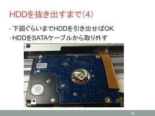 HDDを抜き出すまで（4）
• 下図ぐらいまでHDDを引き出せばOK
• HDDをSATAケーブルから取り外す
12
 